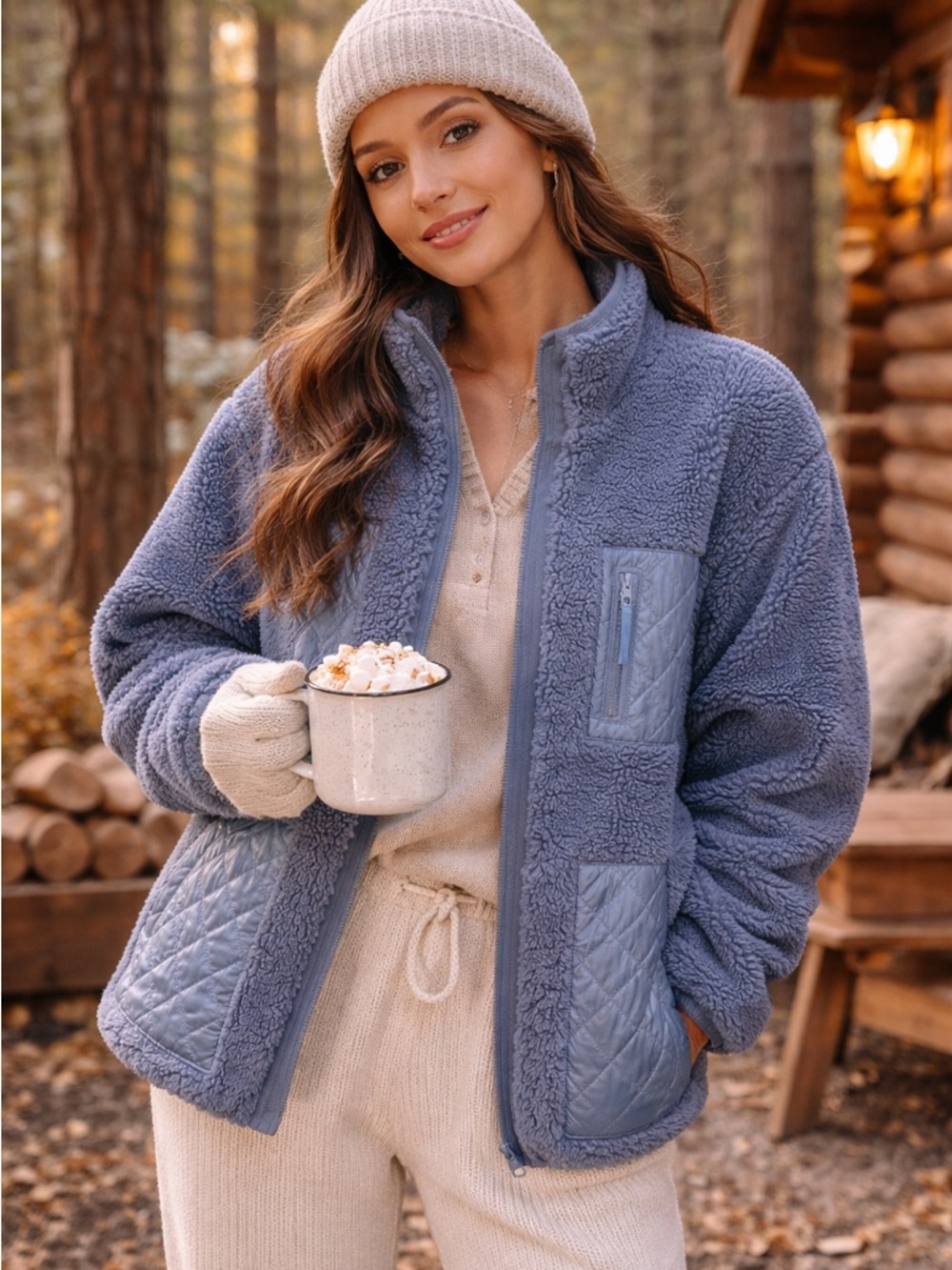 AVEC LES FILLES Blue Fleece Snap Button Jacket‎ Size Medium Oversized Cabincore